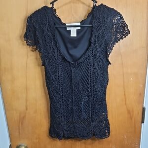 Vintage Size Large Krochetta By Papillion Elegant Black Lace Top